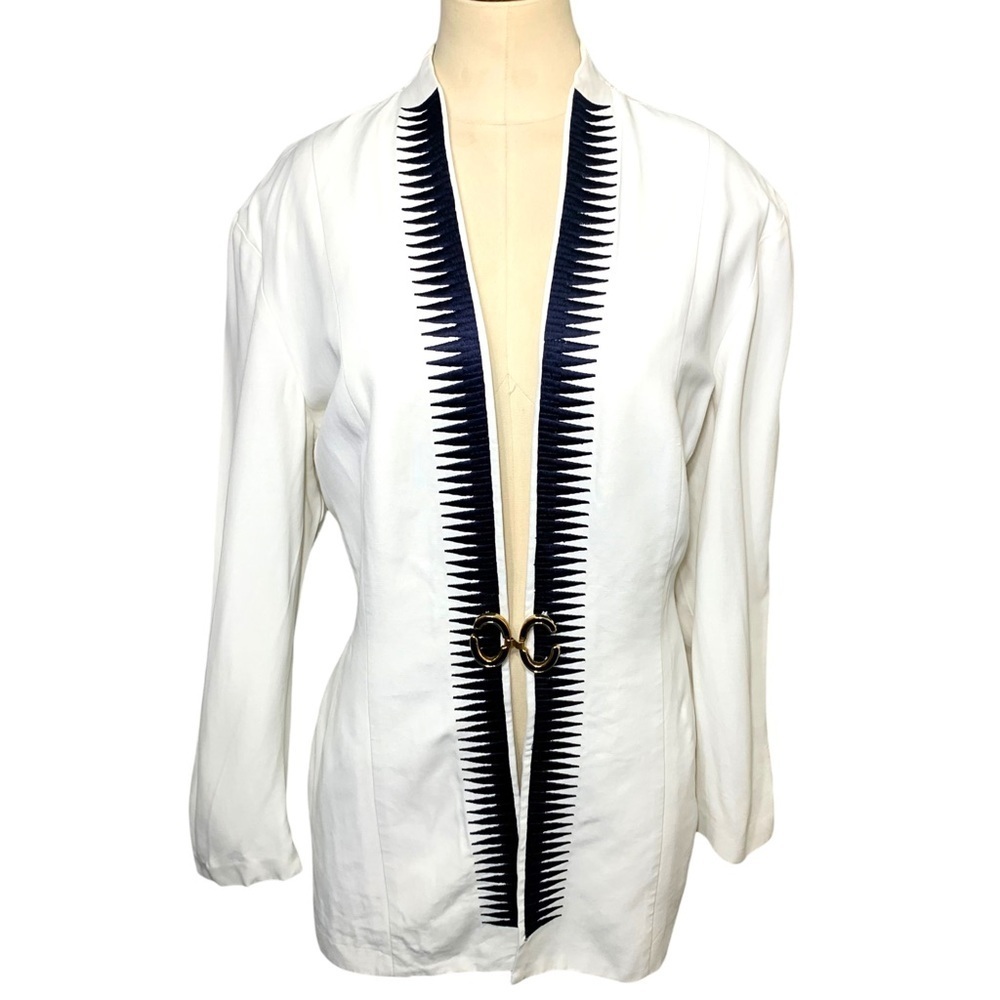 Joseph Ribkoff White Blazer Navy Embroidered Trim 12 Classic Coastal Minimalist